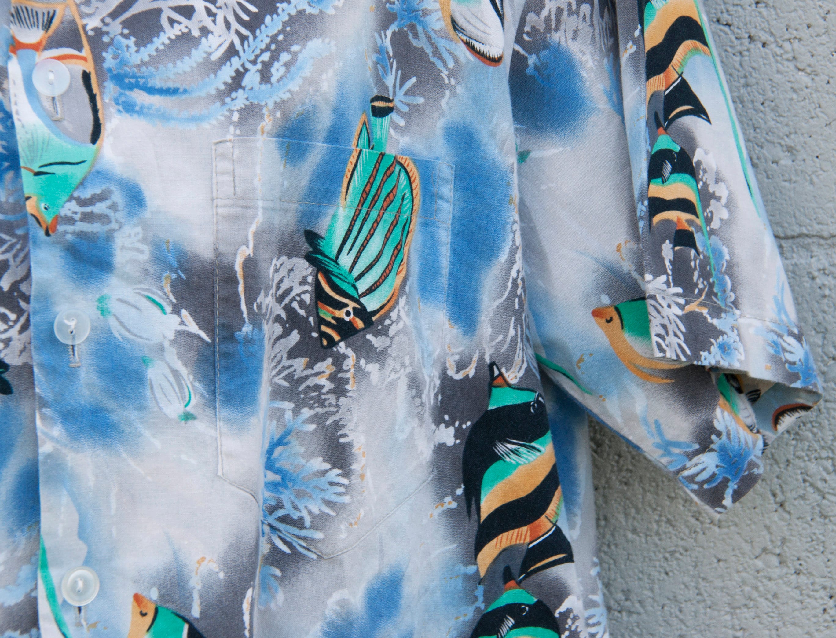 Chemise Hawaïenne Vintage Homme - Motif Poisson Volant Koï Et Vagues Japonaises - Taille M Bleu - Années 40
