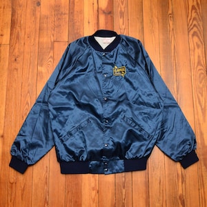 Vintage Satin Baseball Jacket Size XL Cardinal Brand Navy Blue Made in USA Nylon Coat Claypool Electric Embroidered Patch Streetwear Style