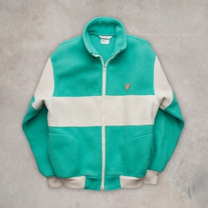 Color Block Fleece Jacket Vintage 90s Womens Size Large Seafoam Green Cut Sew Funnel Collar Coat Made in USA 1990s Cozy Athletic Streetwear