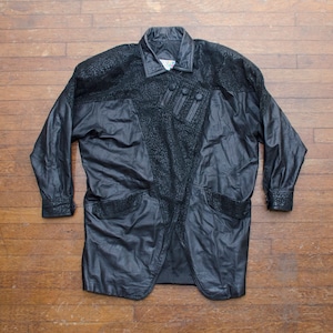 Black Leather Jacket Women&#39;s Size Small Vintage 80s Coat Claudia Barnes Brand Leopard Animal Print Outerwear 1980s Goth Streetwear Style