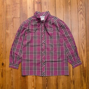 Vintage 80s Plaid Bow Collar Blouse, Purple Gray, Medium