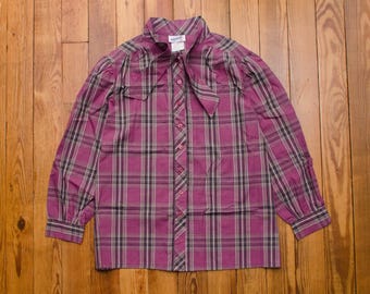 Vintage 80s Plaid Bow Collar Blouse, Purple Gray, Medium