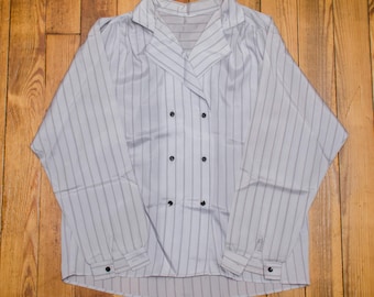 Vintage 80s Striped Blouse Size Large Gray Silky Shirt Black Stripes Notched Collar Double Breasted Button Up Top Womens Shirt Streetwear