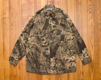 Vintage Camouflage Shirt Size Large Jerzees Outdoors Brand Cotton Button Down Woodland Camo Top Hunting Gear Made in USA Streetwear Style