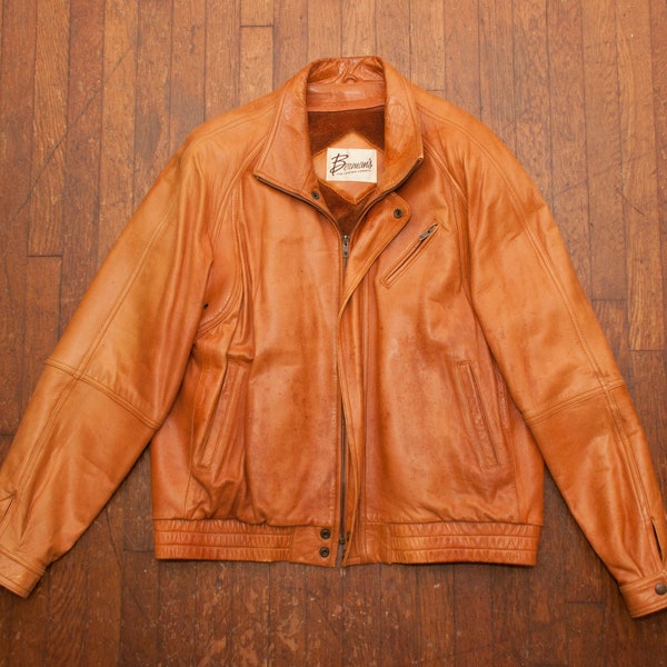 Vintage 70s LEATHER Bomber Jacket Size 44 Large Cognac Brown Bermans Brand Removable Faux Fur Lining Distressed Streetwear Riding Gear