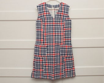 Sukienka w kratę w stylu vintage z lat 60. Wzór w pepitkę Modny styl Rozmiar średni Bez rękawów Dekolt w serek Niewidoczne kieszenie na zamek błyskawiczny z tyłu Granatowy Biały Czerwony