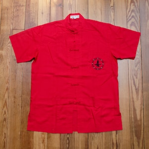 Asian Mandarin Collar Shirt Size XL 44 Red Black Embroidered Chinese Character Health Brand Pocket Top Vintage Fashion Streetwear Style