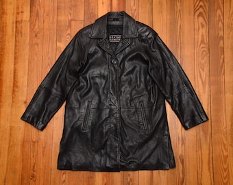 Vintage Lederjacke Herrengröße Großes Leder Limitierte Marke Thermolite Insulierter Schwarzer Mantel 90er Jahre Y2K Matrix Goth Distressed Streetwear-Stil