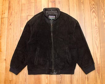 Vintage Black Suede Leather Bomber Jacket Size Large Trader Bay Brand Distressed Streetwear