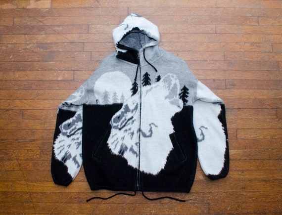 Lone Wolf Jacket Size Large Vintage Wool Hoodie Handwoven Wildlife Animal Outerwear Howling Wolves Coat Black Gray White Streetwear Style Etsy UK