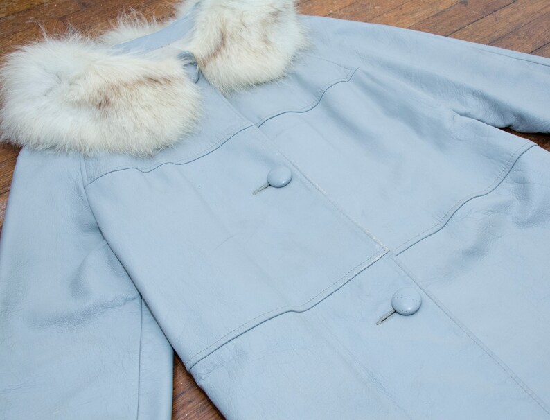 Gray Leather Coat Womens Size Medium Vintage 60s Fur Collar Dan Di Modes Brand Overcoat Coat 1960s Retro Jacket Outerwear Streetwear Style image 2