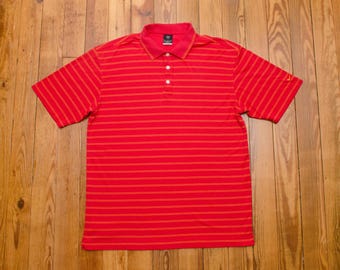 Vintage Nike Golf Polo Shirt Size Large Dri Fit Red Orange Striped Pattern Embroidered Logo Collared Top Mens Preppy Streetwear Style
