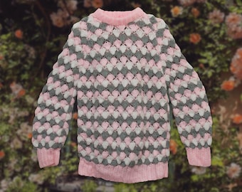 Crocheted Sweater Handmade Size Small Vintage Pink Gray White Pullover Comfy Cozy Pullover Cottagecore Fairycore Unique Whimsical Clothing