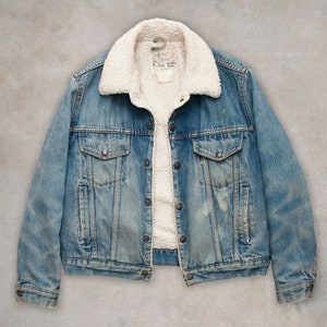 Sherpa Lined Denim Jacket 70s Vintage Size Large Silver Spur Western Wear Brand Distressed Blue Jean Coat Cowboy Outerwear Gear Streetwear