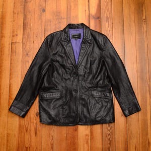 Vintage Leather Blazer Womens Size Petite XL Black Jacket Purple Lining Colebrook Brand Coat 90s Y2K Goth Rocker Distressed Streetwear Style