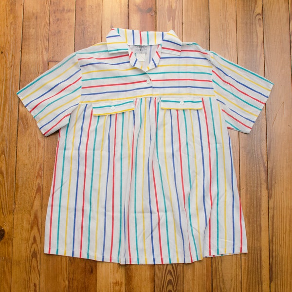 Vintage 80s Trapeze Top Womens Size Large Striped Blouse White Primary Colors Single Stitch Fit2aT Brand Made in USA Summer Streetwear Style