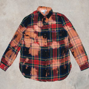 Plaid FLANNEL Shirt Womens Size Medium Bleach Distressed Lightweight Red Black Blue Green Grunge Streetwear Style Lumberjack Button Up Top