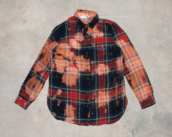 Plaid FLANNEL Shirt Womens Size Medium Bleach Distressed Lightweight Red Black Blue Green Grunge Streetwear Style Lumberjack Button Up Top