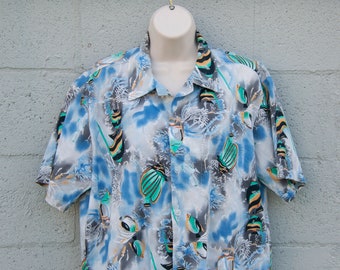 80s Vintage Hawaiian Shirt Size L Lo Hawaii Designs Brand Made in Hawaii USA Large Mens Button Up Top Underwater Tropical Fish Graphic Print