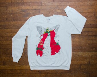 Vintage Angel Sweatshirt White Size Large Cal Cru Brand Holiday Graphic Crewneck Ugly Christmas Sweater Streetwear Style Made in USA