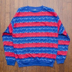 Geometric Striped Sweatshirt Vintage 90s Size Medium Tomato Brand Red Blue Crewneck 1990s Gen X Streetwear Made in USA