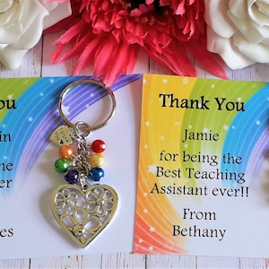 Porte-clés personnalisé de remerciement pour professeur - Pendentif coeur arc-en-ciel ou fleur