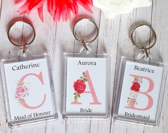 Pink Rose Floral Letter Bridal Party Keyring - Bride To Be - Bridesmaid - Maid of Honour - Mother of the Bride - Wedding - Hen Party