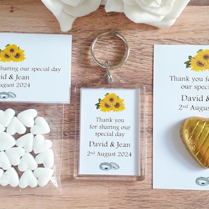 Sunflower Floral Wedding Favours - Keyring - Mint Hearts - Chocolate Hearts - Personalised - Bride - Groom - Thank You Gift