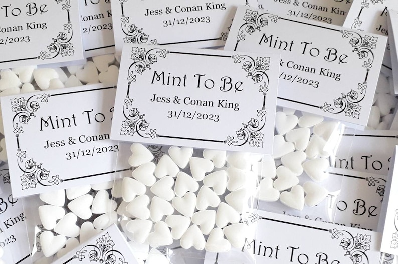 Personalised Wedding Favours Mint To Be White Mint Hearts image 1