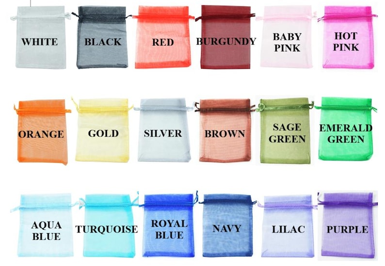 May include: A collection of eighteen rectangular organza drawstring pouches arranged in three rows. Each sheer fabric bag is labeled with its corresponding color: white, black, red, burgundy, baby pink, hot pink, orange, gold, silver, brown, sage green, emerald green, aqua blue, turquoise, royal blue, navy, lilac, and purple.