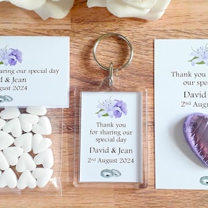 Lilac Floral Wedding Favours - Keyring - Mint Hearts - Chocolate Hearts - Personalised - Bride - Groom - Thank You Gift