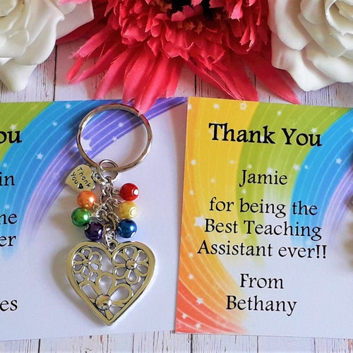 Personalized Teacher Thank You Keyring – Rainbow or Flower Heart Pendant