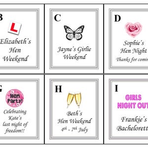 May include: A set of ten rectangular white cards with double-lined borders, each featuring unique illustrations and text including names like Claire, Elizabeth, Jayne, Sophie, Rachel, Victoria, Kate, Beth, Frankie, and Georgia for various party events.