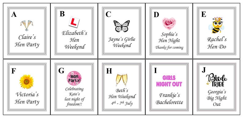 May include: A set of ten rectangular white cards with double-lined borders, each featuring unique illustrations and text including names like Claire, Elizabeth, Jayne, Sophie, Rachel, Victoria, Kate, Beth, Frankie, and Georgia for various party events.