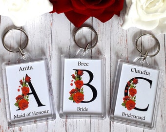 Red Rose Floral Letter Bridal Party Keyring - Bride To Be - Bridesmaid - Maid of Honour - Mother of the Bride - Wedding - Hen Party