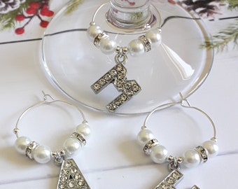 Pearl & Rhinestone Initial Wine Glass Charm - Personalized Gift