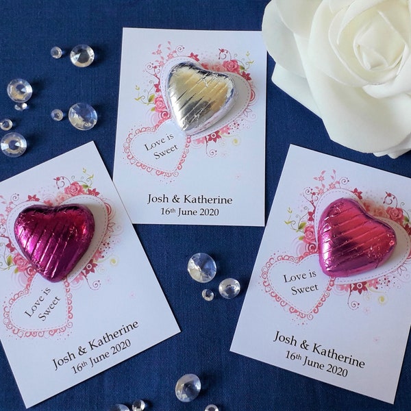 Personalised Floral Wedding Favours - Love is Sweet Chocolate Heart - Hot Pink / Lilght Pink / Silver / Pink Floral Heart Design