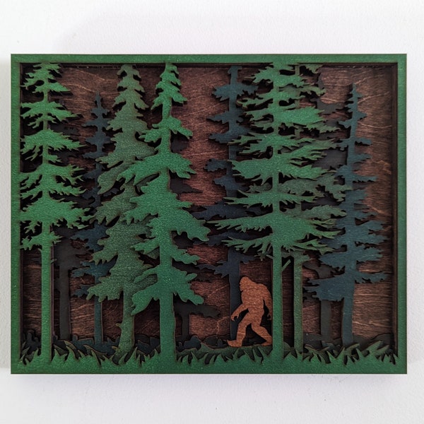 Sasquatch woods scene. Layered wood sign. Multiple sizes available. Bigfoot Yeti