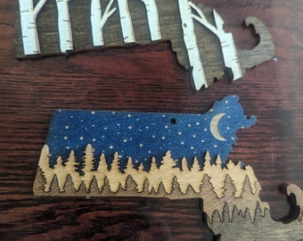 Massachusetts 5" handmade ornament or magnet. Layered wood art. Multipurpose housewarming, wedding, or Christmas gift.