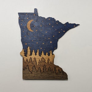 Minnesota 5&quot; handmade ornament or magnet. Layered wood art. Multipurpose housewarming, wedding, or Christmas gift. Celebrates Nature.