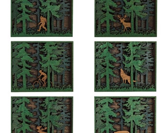Woods Scene with deer, bear, moose, cabin, sasquatch, or wolf. Layered Wood Sign