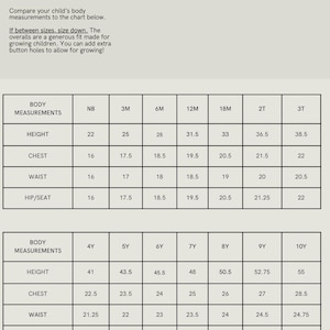 May include: A chart titled "Measurements" with body measurements for children, including height, chest, waist, and hip/seat, in inches. Sizes range from Newborn to 10Y. The text advises sizing down between sizes.