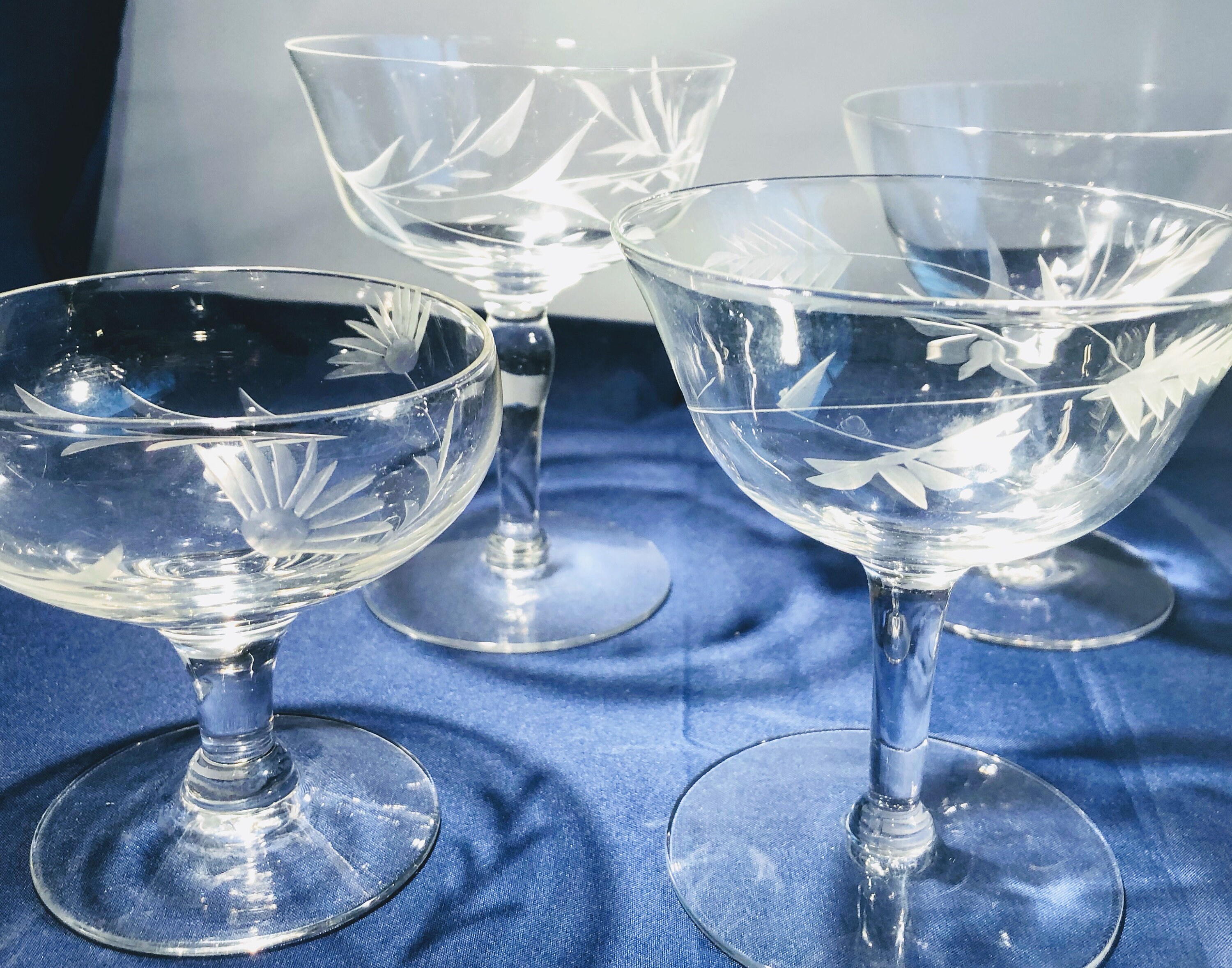 Antique Crystal Champagne Coupes Glasses Etched Wheat Designs Etsy