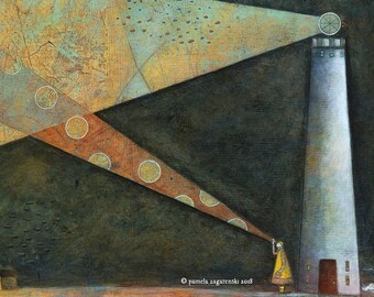 Pode incluir: Uma pintura de uma pequena cidade com edifícios brancos e um farol que projeta sua luz sobre um fundo escuro com lua cheia.