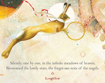 Pode incluir: Uma ilustração vintage de um coelho saltando pelo ar, segurando um anel dourado. O fundo é uma pintura em aquarela de um horizonte da cidade com um céu estrelado e uma citação de Longfellow: "Silently, one by one, in the infinite meadows of heaven, Blossomed the lovely stars, the forget-me-nots of the angels."