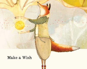 May include: A whimsical illustration of a fox wearing a vest and red boots, standing under a tree and holding a glowing yellow orb. The text "Make a Wish" is printed in the lower left corner, and "©2026 SACREDBEE" appears in the upper right.