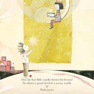May include: A whimsical illustration with a yellow and white color scheme. The image features two figures, one on a crescent moon holding a candle, and another reaching for a star. The text "thank you" is at the top, with a Shakespeare quote at the bottom.