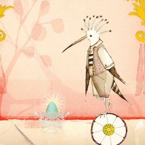 May include: Watercolor illustration of a bird in a suit standing on a wheel. The bird has a long beak and a feathered crest. The background is a soft pink with decorative elements.