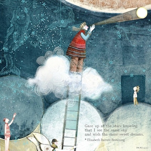 May include: Illustration of a person with a telescope on a cloud, looking at stars. The image has a whimsical style with a quote about the sky. The artwork features a ladder, figures, and a celestial theme.
