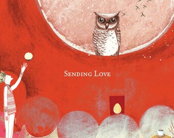 Sacredbee Postcard Sending Love Owl in Reds